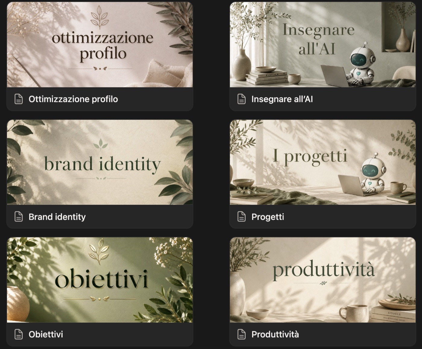 I moduli del percorso Foglia raccolti in un posto solo: ottimizzazione profilo, brand identity, obiettivi, insegnare all'AI, progetti, produttività.